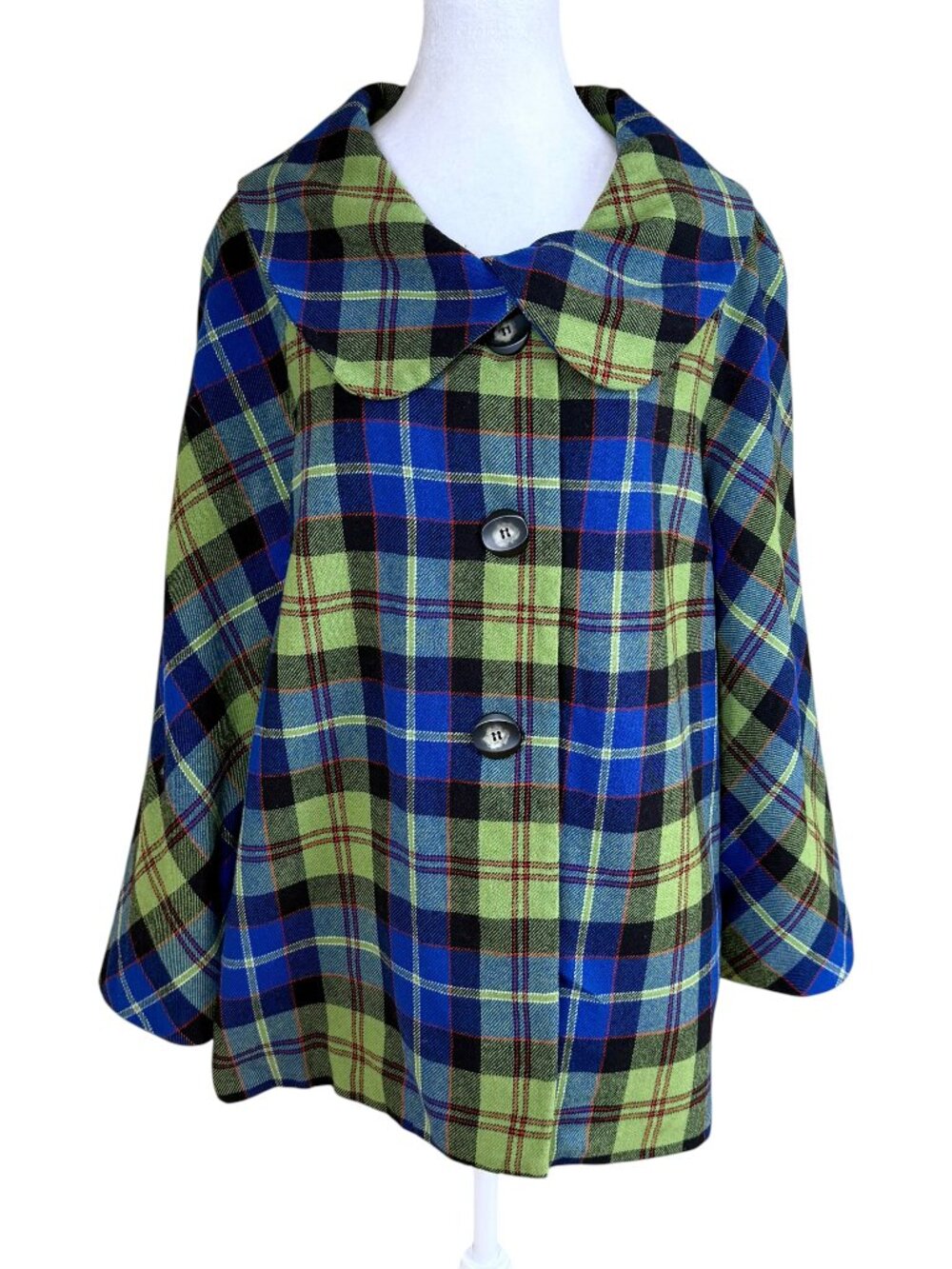 Pendleton Wool Plaid Jacket Green Cobalt Blue Wide Round Collar (16)